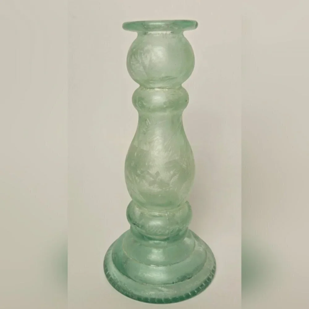 Spanish Recycled Green Glass Candlesticks Set 8” Vintage Style Pair